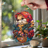 Otter Acrylic Suncatcher, Stained Glass Style Woodland Animal in Red Hood with Basket of Mushrooms and Berries, Fairy Tale Window Decor